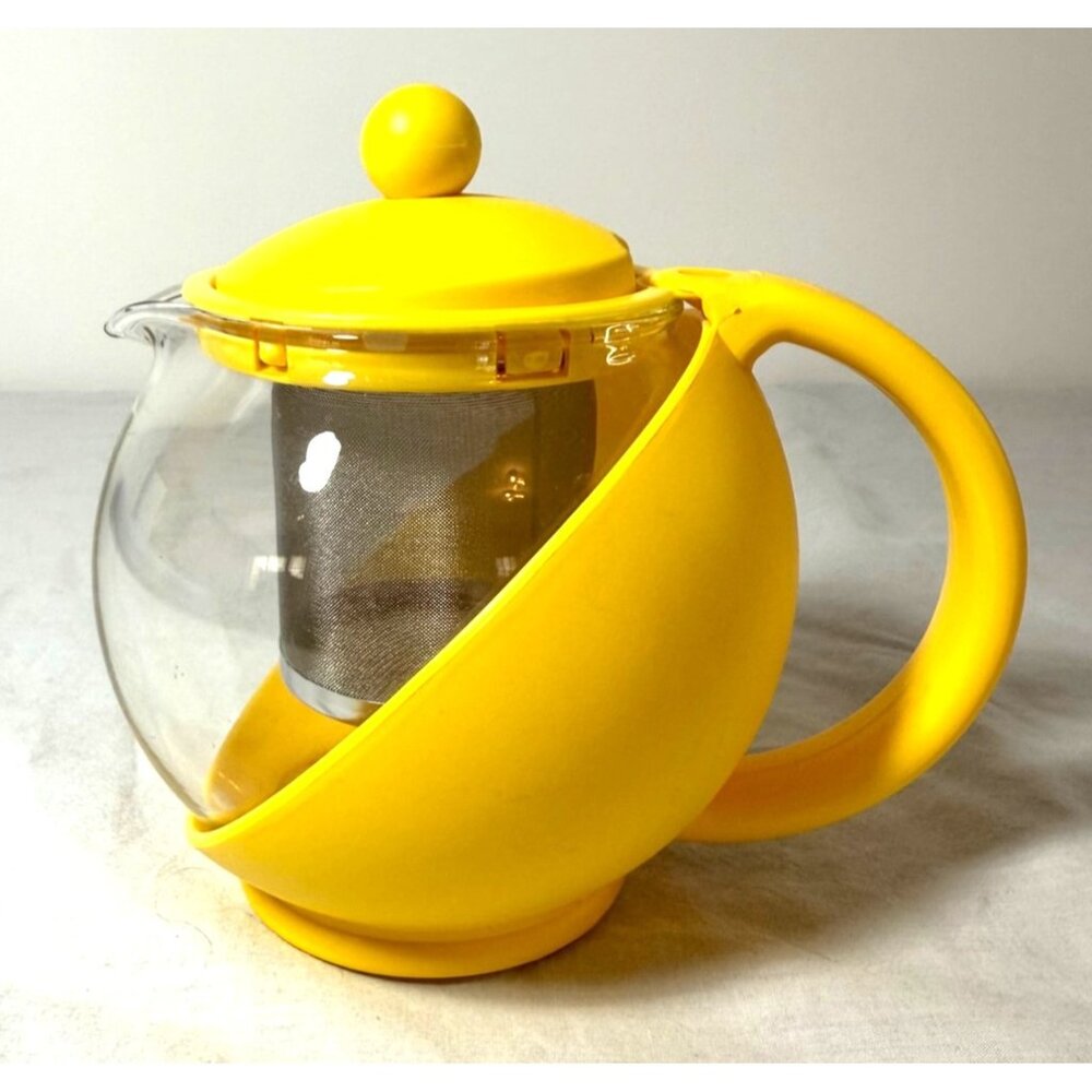 Yellow Glass Teapot With Stainless Steel Infuser & Lid 20 Oz  Modern Round Desig